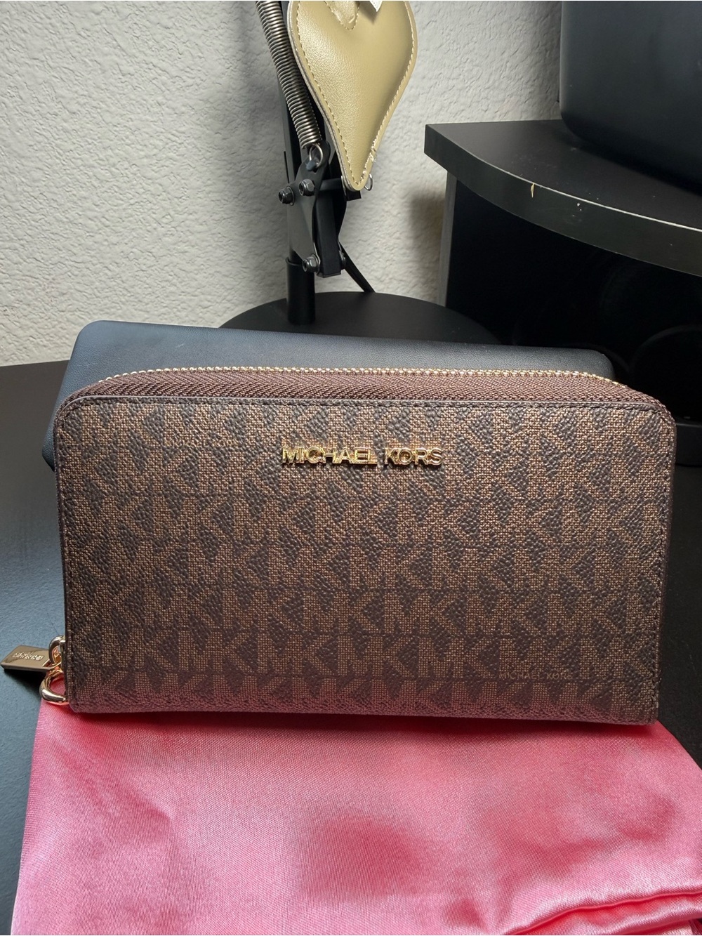 Michael Kors Brown MK Logo Zip Around Wallet Gold Hardware Giftable